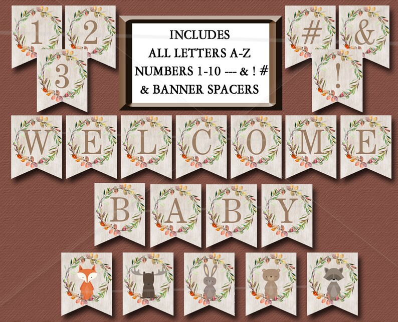 Woodland Baby Shower Banner, Printable Includes ALL LETTERS A-Z, Numbers 0-9, Spacers & symbols Decorations Birthday Instant Download 016 image 1