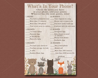 Woodland Baby Shower Game, Whats in Your Phone Game Printable, Forest Animals Baby Shower game  Instant Download 016