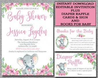 Girl Elephant Baby Shower Invitation Kit Editable Elephant | Etsy