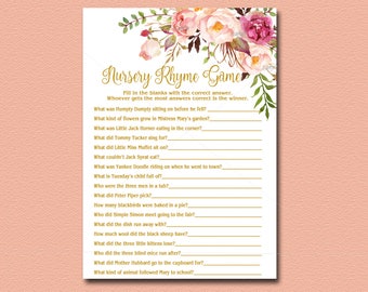 Nursery Rhyme Game Floral Baby Shower game, Printable, Peach, pink, gold Boho Baby Shower Activity Bohemian DIY Instant Download 029