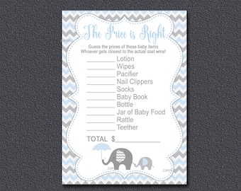 Elephant Baby Shower Game, Price is Right Game Printable, BOY baby shower game, Blue & Gray  Elephant Shower game Instant Download 032