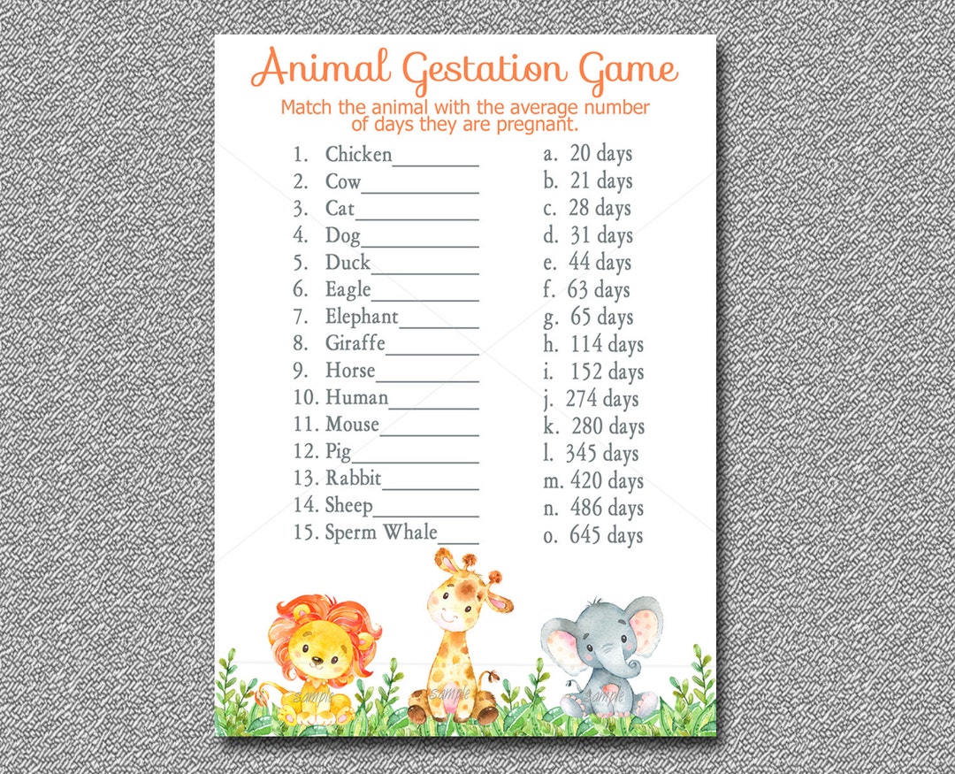 Safari Animal Gestation Game, Printable, Jungle Safari Baby Shower Game