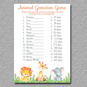 Safari Animal Gestation Game, Printable, Jungle Safari Baby Shower Game, Animal Pregnancy Game, INSTANT DOWNLOAD  001-A