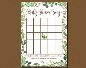 Greenery Baby Shower Game, Bingo Card, Printable, Baby Shower Bingo, Green Baby Shower, watercolor leaves - Instant Download 046