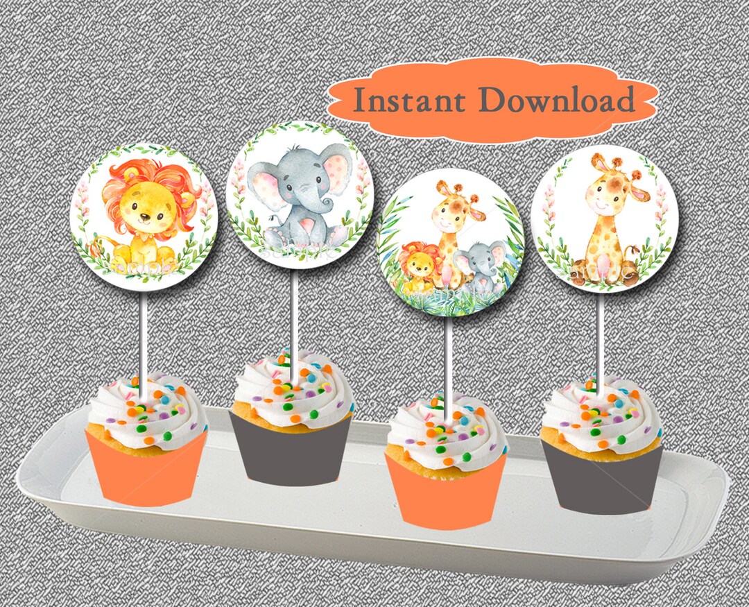 Safari Baby Shower Cupcake Toppers and Wrappers, Jungle Cupcake Toppers