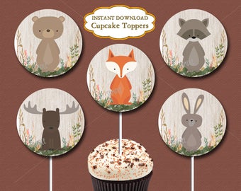 Woodland Cupcake Toppers, Woodland Baby Shower or Woodland Birthday Party, Forest animal cupcake toppers, Printable INSTANT DOWNLOAD   016