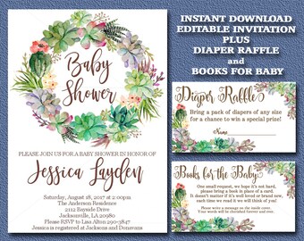 Succulent Baby Shower Invitation kit, Editable invitation, Cactus Books for Baby card and Diaper Raffle card, You edit instant download 039