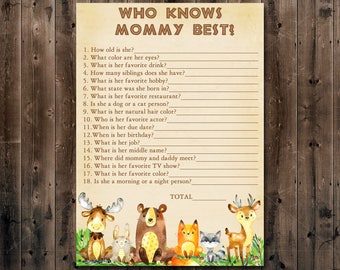 Woodland Baby Shower Who Knows Mommy Best Game, How Well Do You Know Mommy Game, Forest Animals Baby shower, Instant download  010