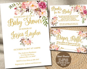 Peach Floral Baby Shower Invitation bundle, Books for Baby, Diaper Raffle ticket set, pink gold Flower Baby Shower printable, Boho  029