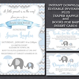 Blue Boy Elephant Baby Shower Invitation kit, Editable Invitation, Books for Baby card & Diaper Raffle inserts, instant download 032