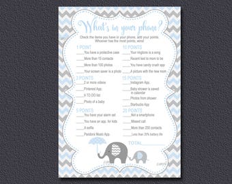 Elephant Baby Shower Game, Whats in Your Phone Game, Blue and grey chevron, Printable Baby Boy Shower game, Instant Download 032