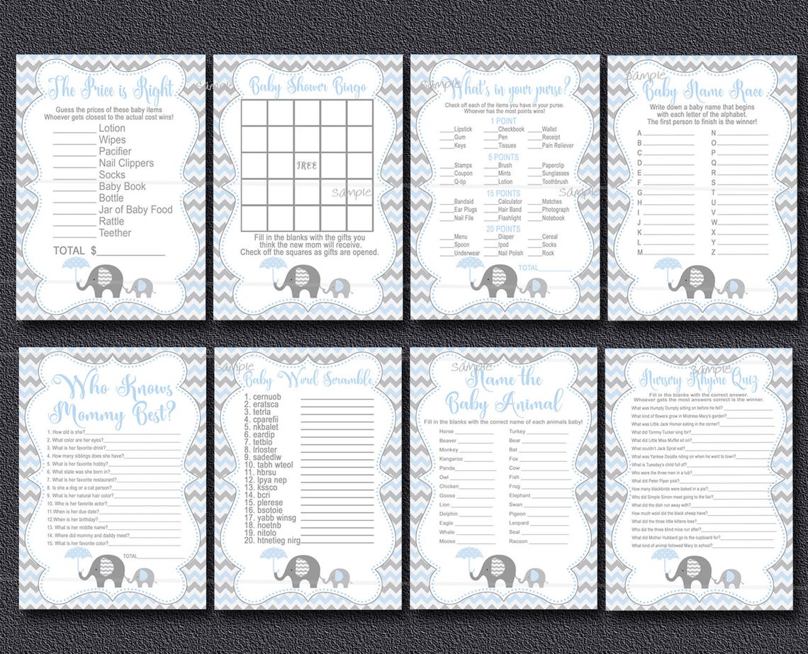 Elephant Baby Shower GAMES Set of 8 Printable Games Package - Etsy