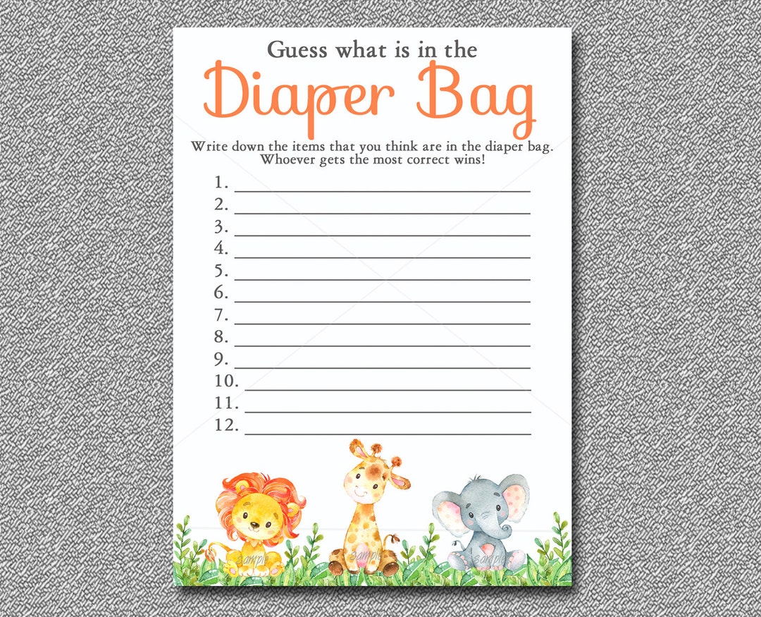Safari Baby Shower Game, What's in the Diaper Bag Game, Jungle Baby