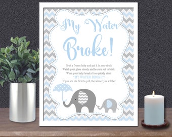 Blue Elephant Baby Shower My Water Broke Game Sign Printable Boy Safari, Ice Cube Shower game, INSTANT DOWNLOAD matches invitation  032