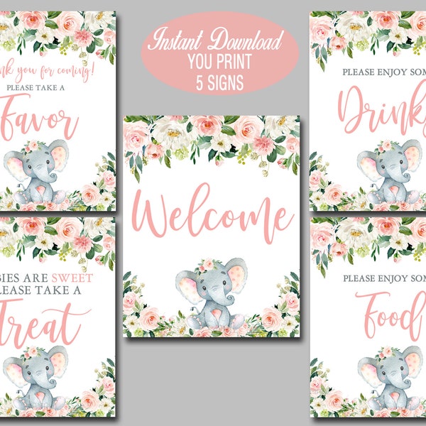 Elephant Baby Shower Table Signs, Set of 5 Printable Digital Blush Pink Girl Baby Table Signs, Welcome, Drinks, Food, Favor, Treat,  062
