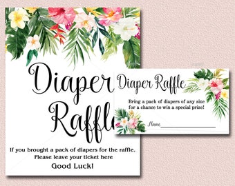 Tropical Baby Shower Diaper Raffle Card & Sign, Hawaiian Luau Baby Shower Invitation insert - diaper raffle ticket, INSTANT DOWNLOAD 040