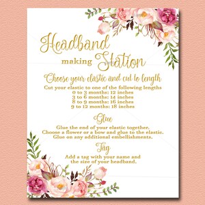 Headband Making Station Sign Printable, Girl, Gold Floral Boho Baby ...