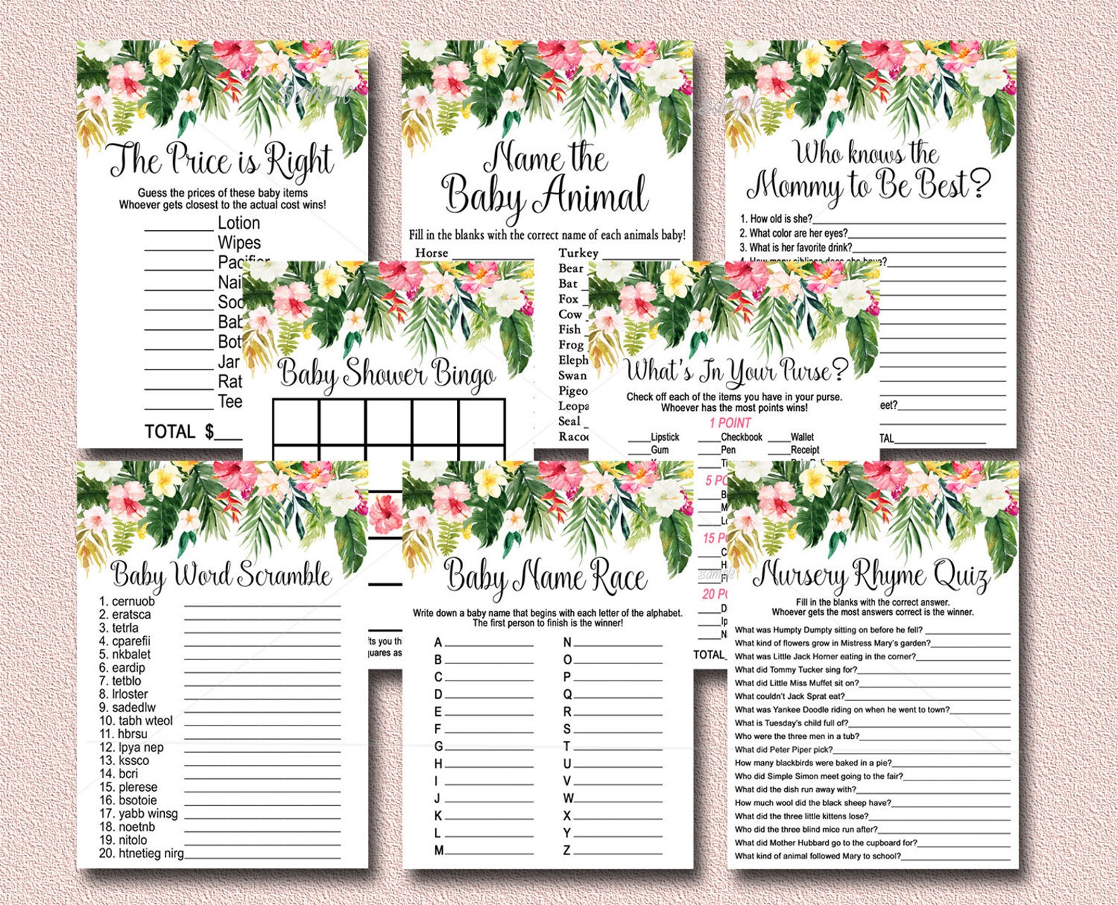 Tropical Baby Shower Games Package 8 Pack of Printable Games Etsy