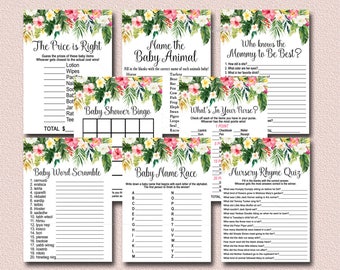 Tropical Baby Shower Games Package, 8 pack of Printable Games, Hawaii floral Luau Shower Games Party Package, Instant Download 040