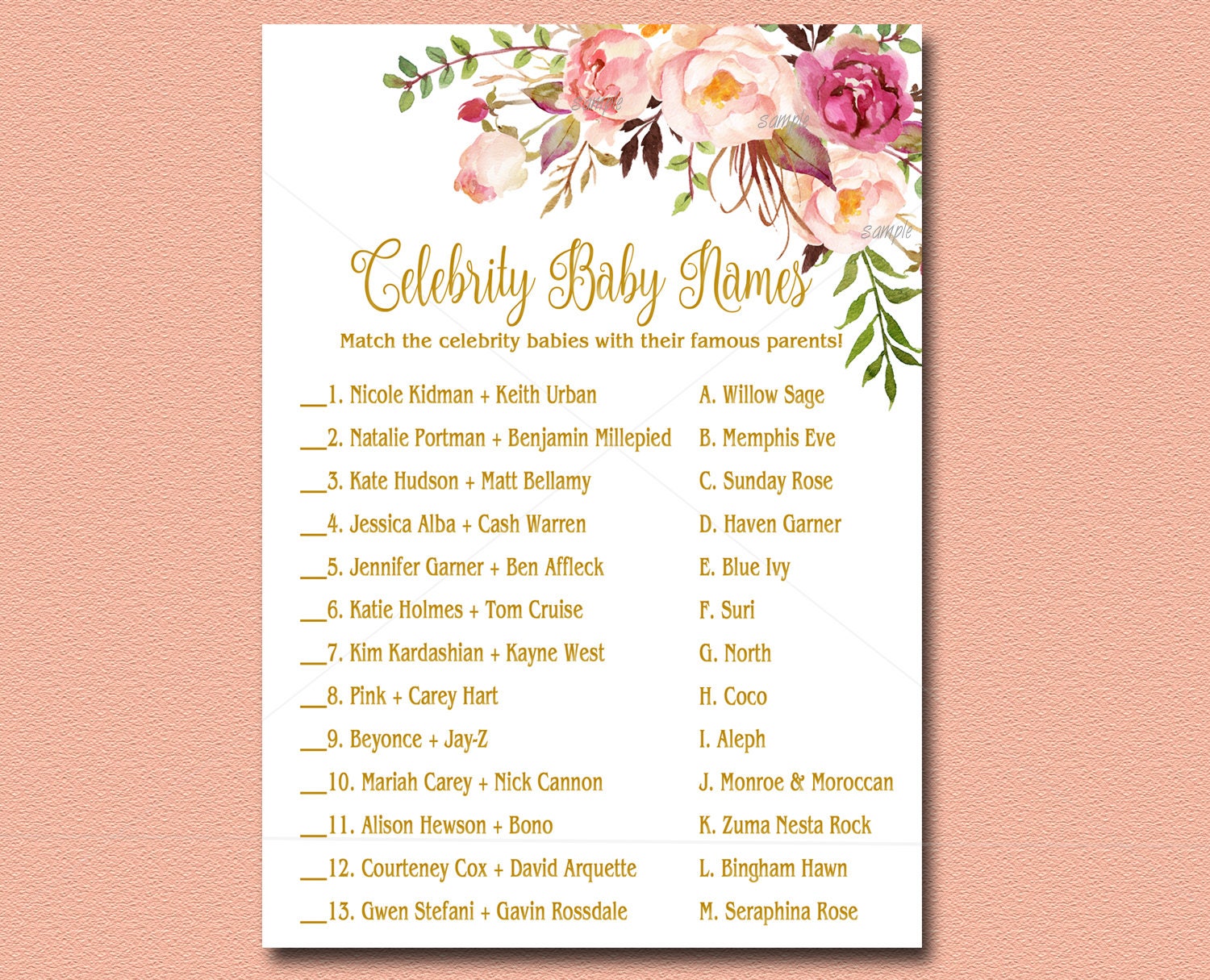 Celebrity Baby Name Floral Baby Shower Game Printable Peach Etsy