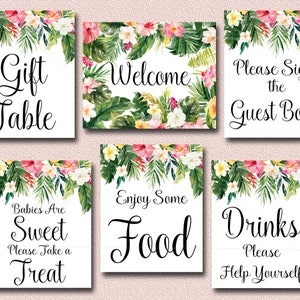 Tropical Baby Shower Table Signs, Set of 6 Printable Luau Baby Shower Signs INSTANT, Welcome, Drinks, Food, Gifts, Treat, Guest Book 040
