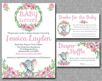 Pink Elephant Baby Shower Invitation set, Books for Baby, Diaper Raffle ticket kit, Girl Baby Shower printable, Floral Safari 006