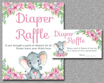 Pink Elephant Diaper Raffle Card insert & Sign, Printable Girl Floral Elephant Baby Shower diaper raffle ticket insert INSTANT DOWNLOAD 006