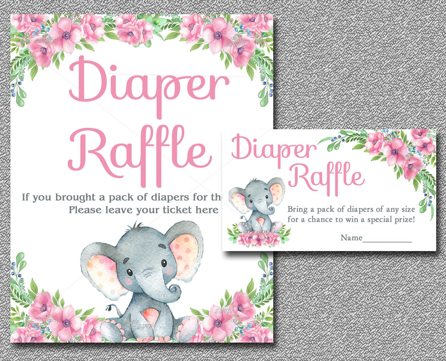 pink elephant diaper raffle card insert sign printable