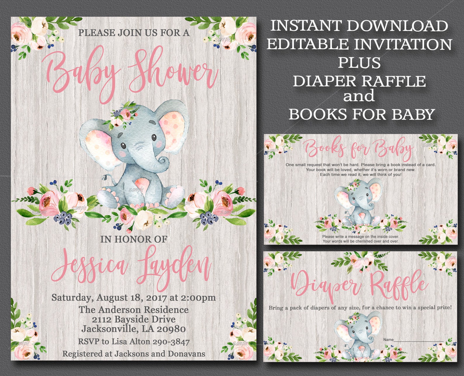 Girl Elephant Baby Shower Invitation Kit Editable Elephant Etsy