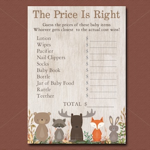 Woodland Baby Shower Game, Price is Right Game Printable, Jungle baby shower, Woodland Animals Shower, Instant Download 016