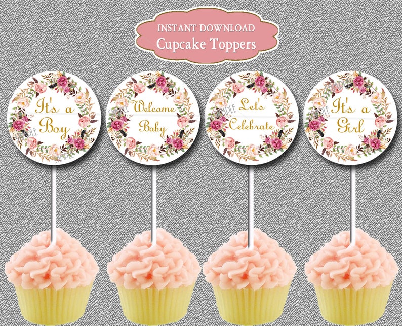 Boho Floral Baby Shower Cupcake Toppers Printable Gold Baby Etsy Boho Floral Baby Shower Cupcake Toppers Printable Gold Baby Etsy