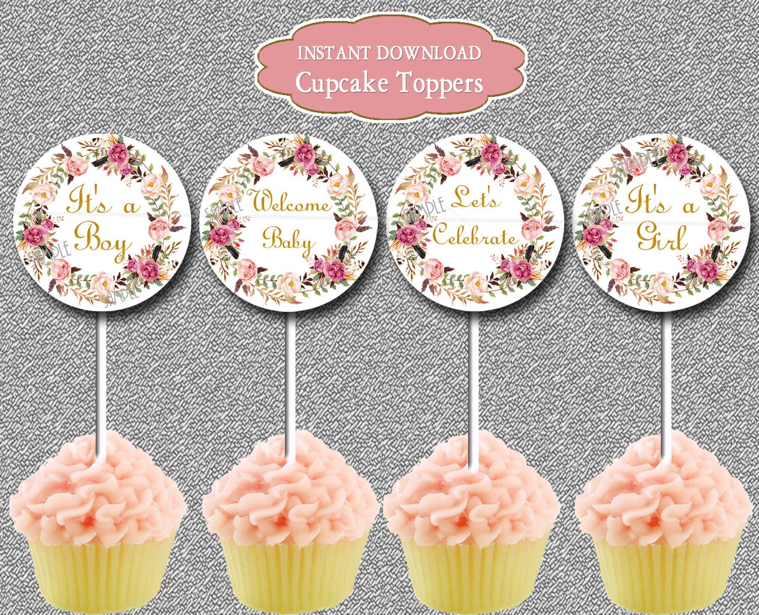 Boho Floral Baby Shower Cupcake Toppers Printable gold Baby Etsy