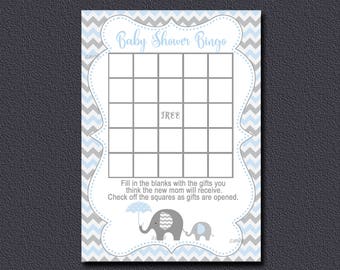 Elephant Baby Shower Bingo game, Printable Bingo card, Boy baby shower, Blue & Gray chevron Baby Shower activity Instant Download  032