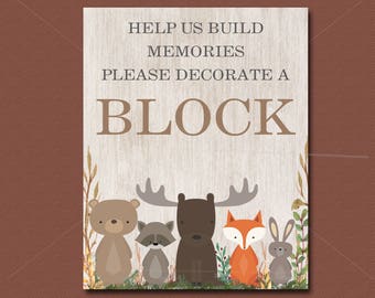Woodland Baby Shower game, Decorate a Block Sign, Printable, Woodland Animals Baby Shower Decor - Baby Shower Sign, INSTANT DOWNLOAD 016