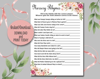 Floral Nursery Rhyme Game Boho baby Shower game, Pink Floral Boho Baby Shower Printable, Bohemian Baby shower, DIY Instant Download  021