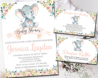 Girl Elephant Baby Shower Invitation Set, Editable invite and Books for Baby, Diaper Raffle ticket sign pack,Instant download 044