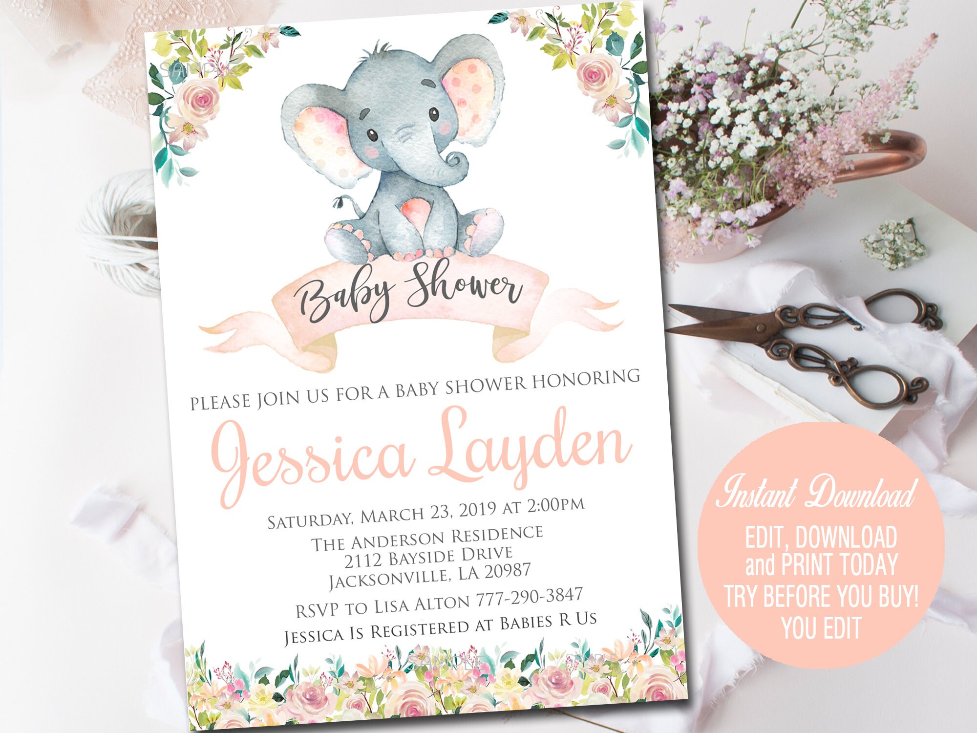 EDITABLE Girl Elephant Baby Shower Invitation Editable Invitation template YOU Edit and Print Instant download 044