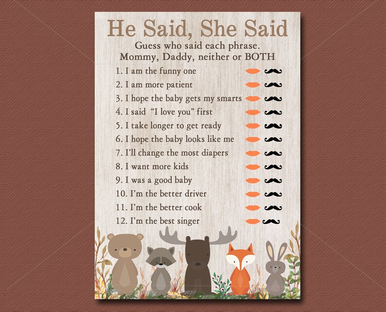 Woodland Baby Shower Game He Said She Said Printable Etsy