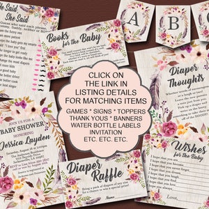 Boho Baby Shower Diaper Raffle Insert Card & Sign, Floral Invitation insert Tribal Baby Shower diaper raffle ticket, INSTANT DOWNLOAD 011 image 4