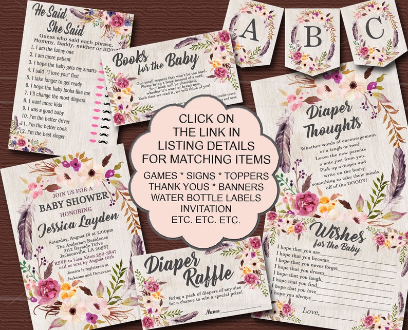 Boho Baby Shower Diaper Raffle Insert Card & Sign, Floral Invitation insert Tribal Baby Shower diaper raffle ticket, INSTANT DOWNLOAD 011 image 4