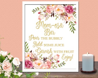 Boho Floral Mom-Osa Bar Sign / Mimosa Bar Gold Baby Shower 8x10 Printable Sign, mimosa bar sign  INSTANT DOWNLOAD matches invitation 029