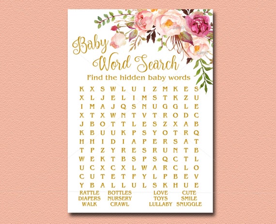 Gold Printable Boho Floral Baby Shower Word Search Game, Printable.