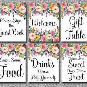 Floral Baby Shower Table Signs, Set of 6 Printable Boho Baby Shower ...
