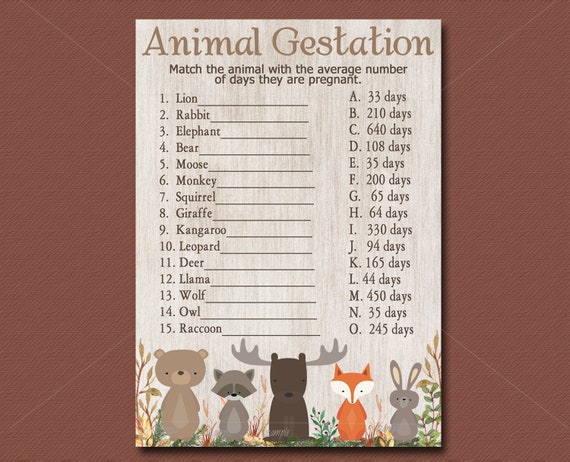 Woodland Baby Shower Game Animal Gestation Game Printable Etsy