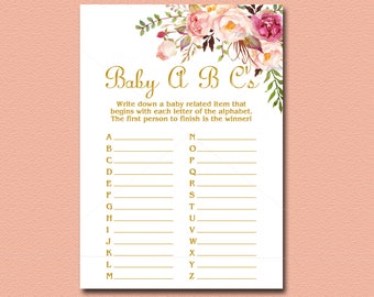 Peach Floral Baby Shower Game, ABC Game DIY Printable, Bohemian, Peach, pink, gold Boho Baby Shower Activity Instant Download - 029