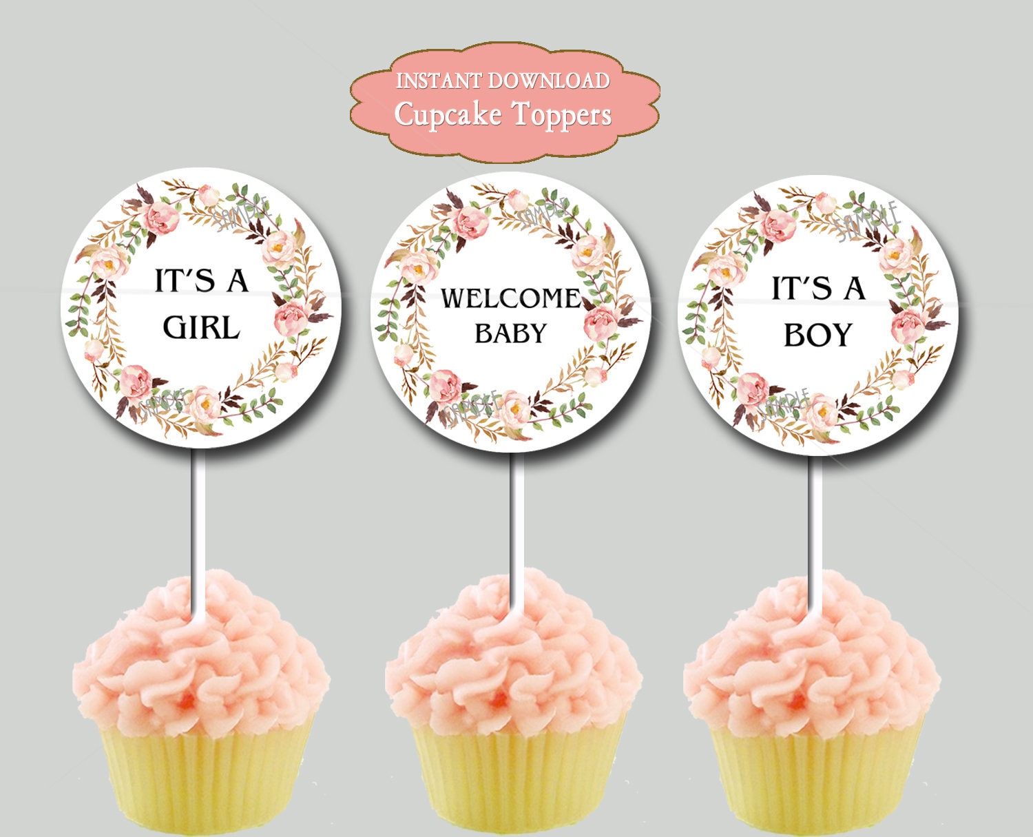 Floral Baby Shower Cupcake Toppers Printable Boho Baby shower Etsy España