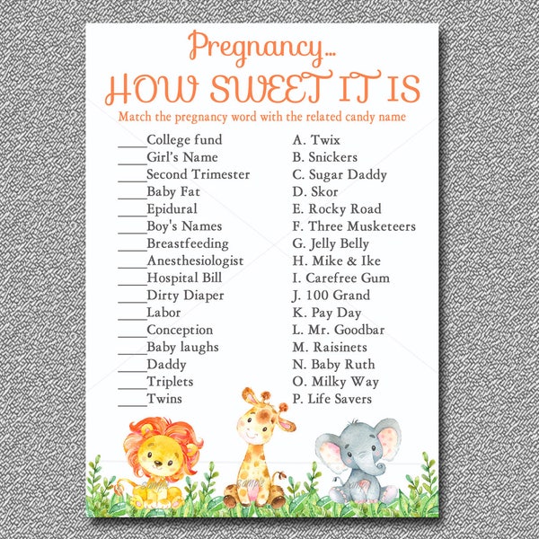 Safari Baby Shower Game, Jungle Baby Shower Pregnancy How Sweet It Is Game, Printable,Safari  candy game, Instant Download  001-A