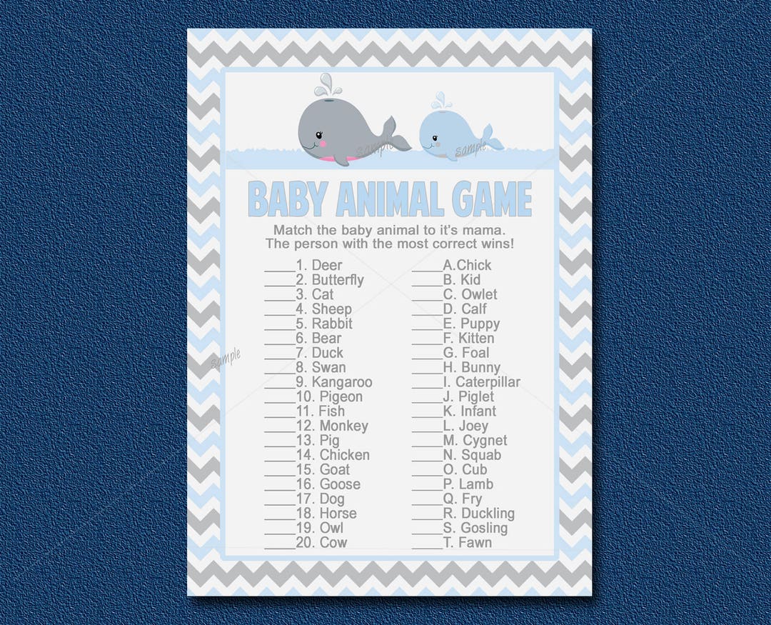 Whale Baby Shower Game, Baby Animal Game Printable, Nautical Baby Shower,  Chevron Blue & Gray Boy Baby Shower Activity Instant Download 043 