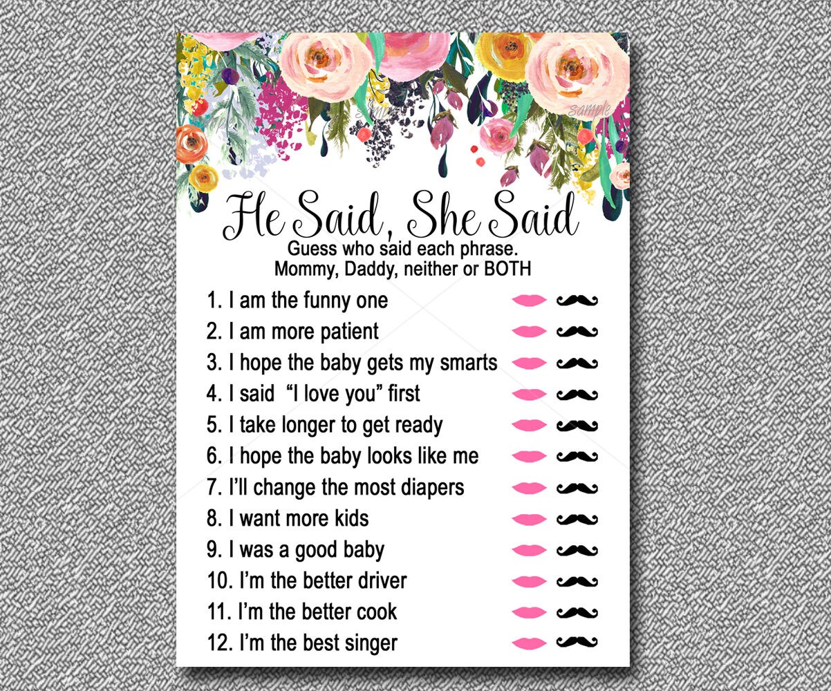 Floral Baby Shower Game He Said She Said Game Printable Etsy Australia