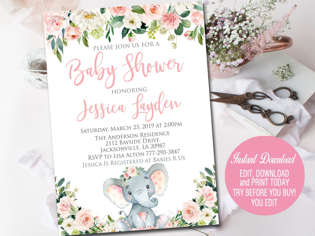 Blush Pink Girl Elephant Baby Shower Invitation Editable - Etsy
